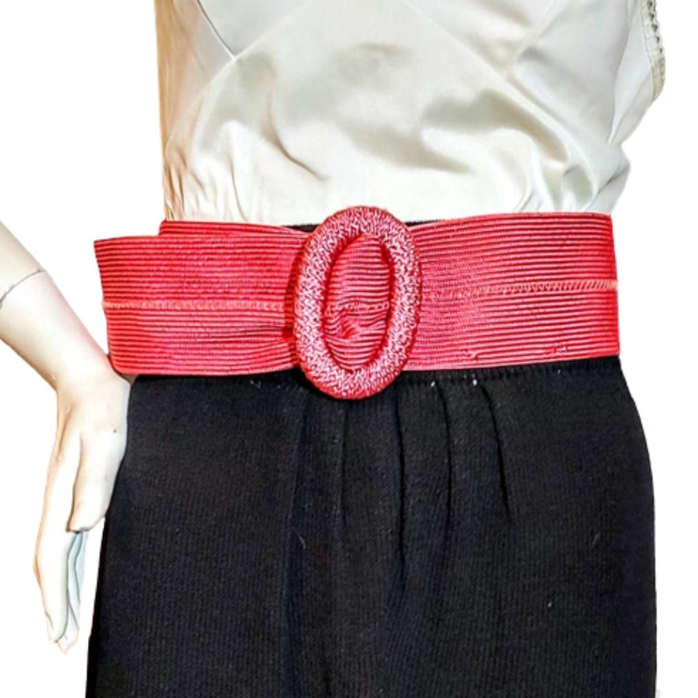 1980s Vintage Bright Pink Wide Woven Straw Belt With A Big Buckle M L NWOTs - Picture 2 of 5